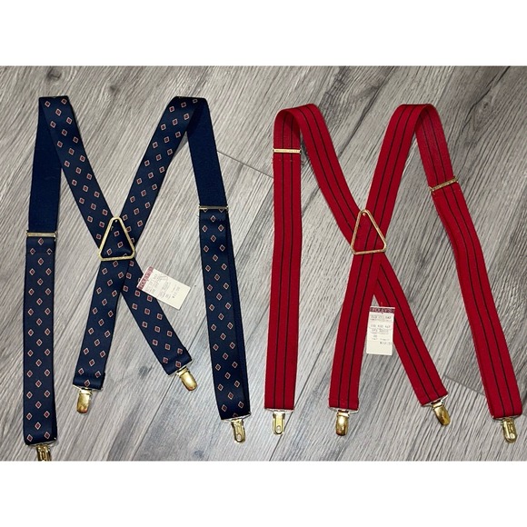 Vintage‎ CAS West Germany Suspenders Navy & RedBrass Clip New W/Tags-2 Pairs